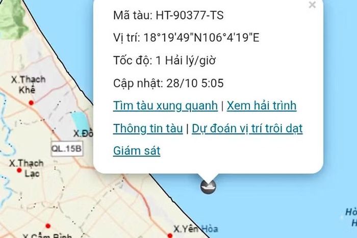 Vị trí tàu cá HT-90377-TS gặp sự cố dẫn tới bị chìm, cách bờ khoảng 2 hải lý.