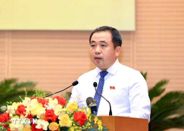 Ủy viên Bộ Chính trị, Bí thư Thành ủy, Trưởng Đoàn đại biểu Quốc hội thành phố Hà Nội Trần Đức Thắng phát biểu chỉ đạo kỳ họp. (Ảnh: Vũ Quang/TTXVN)