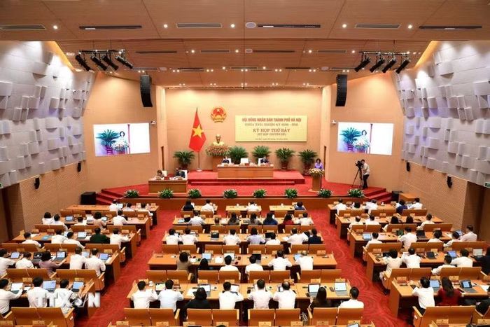 Toàn cảnh kỳ họp thứ bảy, Hội đồng Nhân dân thành phố Hà Nội khóa XVII. (Ảnh: Vũ Quang/TTXVN)