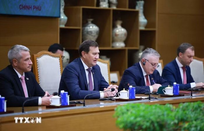 Bộ trưởng Ngoại giao Cộng hòa Belarus Maxim Ryzhenkov phát biểu. (Ảnh: Dương Giang/TTXVN)