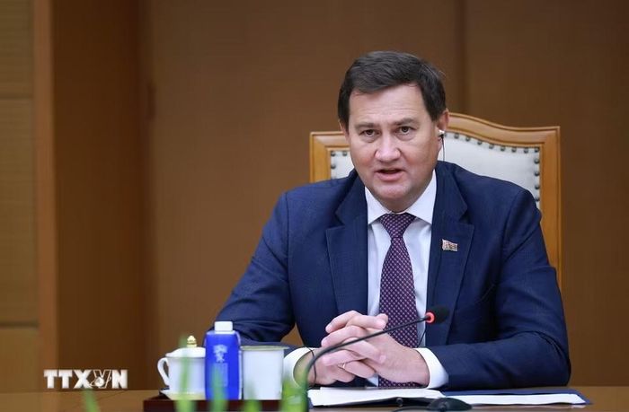 Bộ trưởng Ngoại giao Cộng hòa Belarus Maxim Ryzhenkov phát biểu. (Ảnh: Dương Giang/TTXVN)