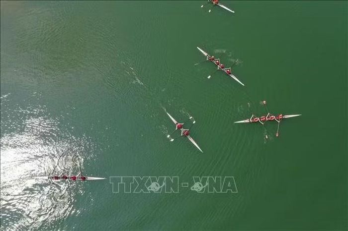 Các vận động viên đua thuyền tập luyện tại hồ Đồng Xanh – Đồng Nghệ.