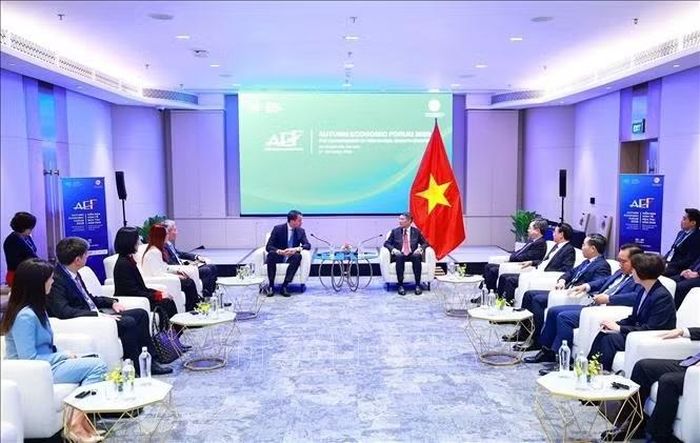 Thủ tướng Lê Minh Hưng tiếp Giám đốc điều hành Diễn đàn Kinh tế Thế giới (WEF) Stephan Mergenthaler. Ảnh: Dương Giang/TTXVN