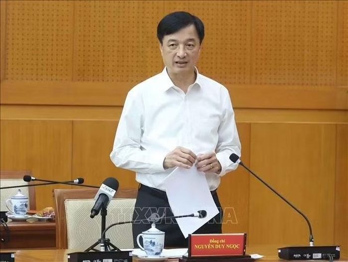 Đồng chí Nguyễn Duy Ngọc, Ủy viên Bộ Chính trị, Bí thư Trung ương Đảng, Trưởng Ban Tổ chức Trung ương phát biểu. Ảnh: Thống Nhất/TTXVN