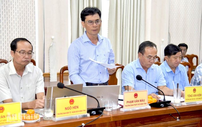 Đại diện Ban Pháp chế HĐND tỉnh An Giang báo cáo thẩm tra các dự thảo nghị quyết.