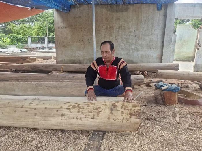 Ông Nay Hen bên những trụ gỗ được tháo dỡ chuẩn bị đưa đến dựng ở khu tái định cư buôn Tơ Khế (xã Ia Tul). Ảnh: Dung Hoàng