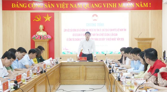 Đồng chí Vũ Hoàng Anh, Phó Bí thư Tỉnh ủy, Chủ tịch Ủy ban MTTQ Việt Nam tỉnh phát biểu tại buổi làm việc