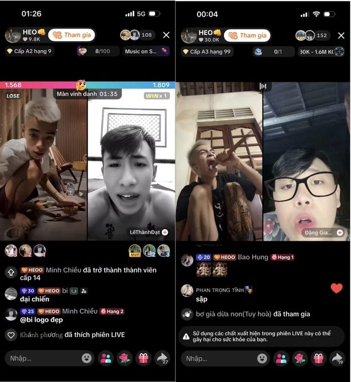 Hình ảnh các đối tượng livestream tự gây thương tích trên TikTok. (Ảnh: Công an tỉnh Quảng Trị)