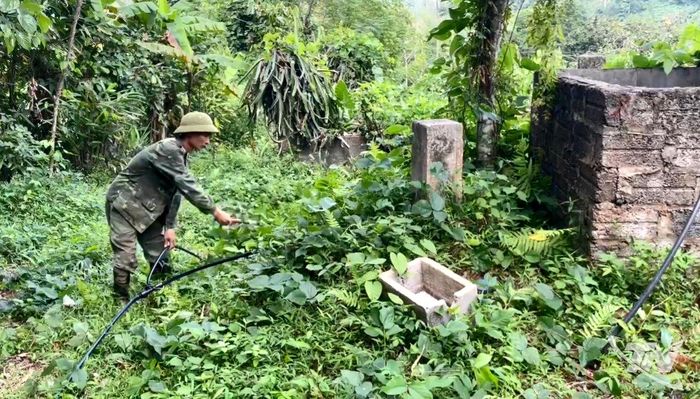Anh Ma Doãn Thế đang kiểm tra đường ống nước tự chảy tại thôn Bình Trung, xã Nghĩa Tá