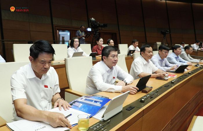 Các ĐBQH tỉnh Quảng Trị dự phiên thảo luận tại hội trường chiều 28/10. Ảnh: Khánh Duy