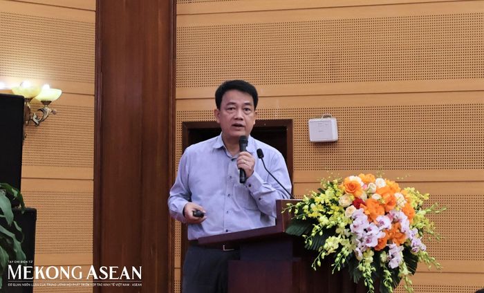  TS Trần Chí Thành, Viện trưởng Viện Năng lượng nguyên tử Việt Nam (Bộ Khoa học và Công nghệ) trình bày tham luận tại diễn đàn. Ảnh: Thu Thảo/Mekong ASEAN. 