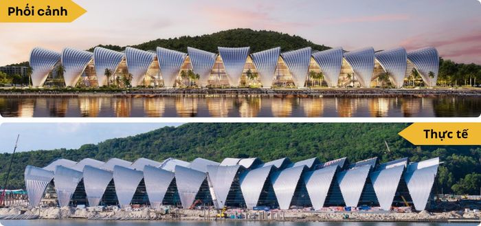 Đặt cạnh phối cảnh thiết kế, công trình thực tế cho thấy những đường cong đặc trưng của mái đã hoàn thiện. Ảnh: Sun Group.