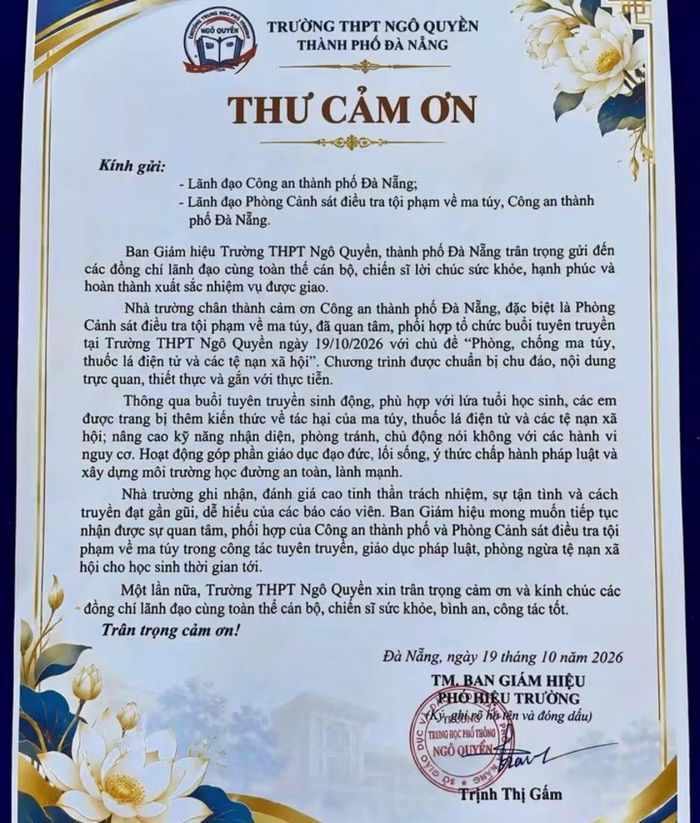 Thư cảm ơn của Trường THPT Ngô Quyền gửi lãnh đạo Công an TP Đà Nẵng và Phòng CSĐT tội phạm về ma túy.