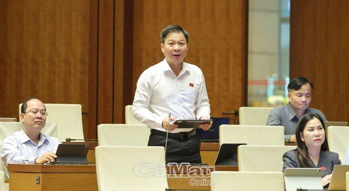 Đại biểu Nguyễn Bình Tân, Phó Trưởng đoàn chuyên trách Đoàn đại biểu Quốc hội tỉnh Cà Mau, Uỷ viên Uỷ ban Khoa học, Công nghệ và Môi trường của Quốc hội phát biểu góp ý dự án Luật Nhà ở (sửa đổi).