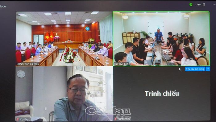 Cuộc họp được kết nối trực tuyến với Hội Thuỷ sản Việt Nam và Công ty Cổ phần Tập đoàn Thương mại quốc tế Expo. (Ảnh chụp màn hình)