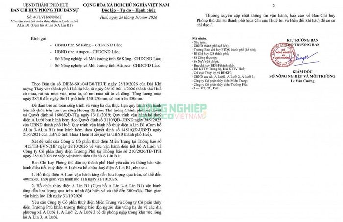 Công văn số 40/LVH-SNNMT ngày 28/10/2026 của Ban Chỉ huy Phòng thủ dân sự thành phố Huế