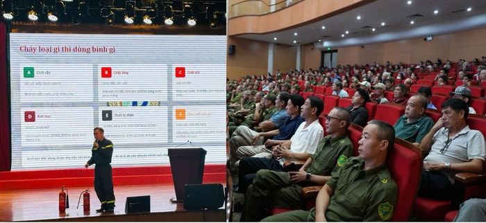 UBND phường tổ chức tuyên truyền, tập huấn nhằm nâng cao kỹ năng phòng cháy, chữa cháy cho hơn 1.000 người thuộc đội dân phòng ngày 27-10. Ảnh: Vân Hà