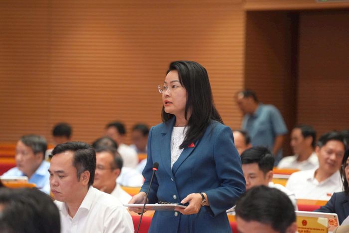 Đại biểu Phạm Thanh Hương nêu ý kiến về nhu cầu thực tế, quy mô đầu tư; khai thác và nâng cao hiệu quả sử dụng cơ sở vật chất thể thao hiện có cũng như về quản lý, khai thác và vận hành sau đầu tư. Ảnh: Thái Thành Hùng.