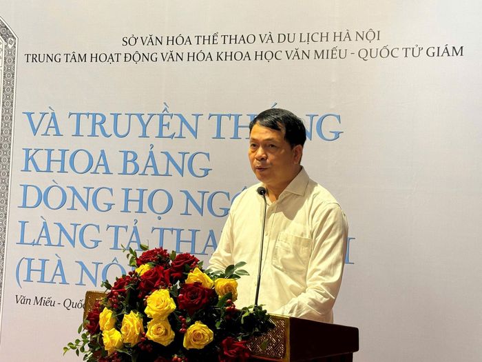 Giám đốc Trung tâm Hoạt động Văn hóa Khoa học Văn Miếu - Quốc Tử Giám Lê Xuân Kiêu phát biểu. Ảnh: Hoàng Lân.