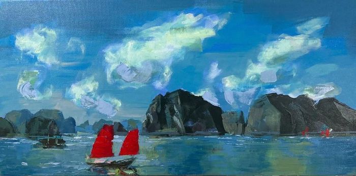 Tác phẩm "Cánh buồm đỏ thắm" (acrylic) - Nguyễn Thị Thu Hiền.