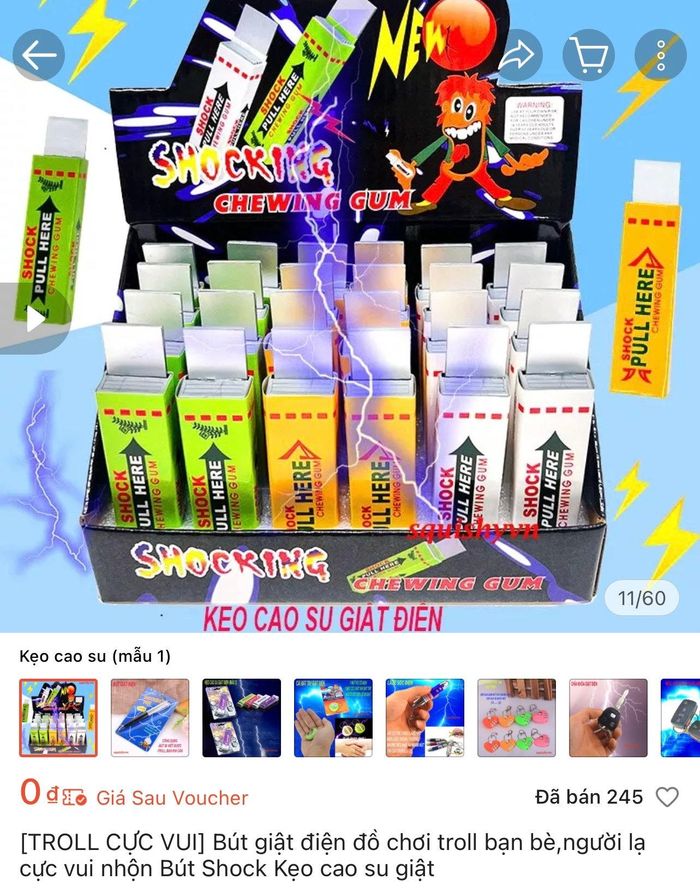 Kẹo cao su giật điện được rao bán trên Shopee. Ảnh chụp màn hình