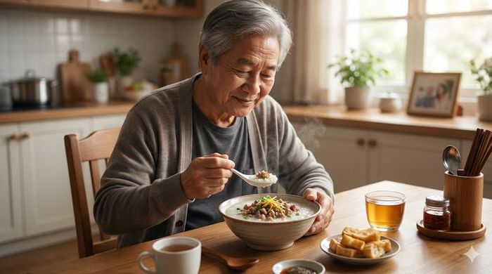 Thay vì chỉ ăn cháo trắng, người già có thể bổ sung thịt băm, cá, trứng hoặc đậu phụ nghiền để tăng giá trị dinh dưỡng cho bữa sáng. Ảnh minh họa AI.