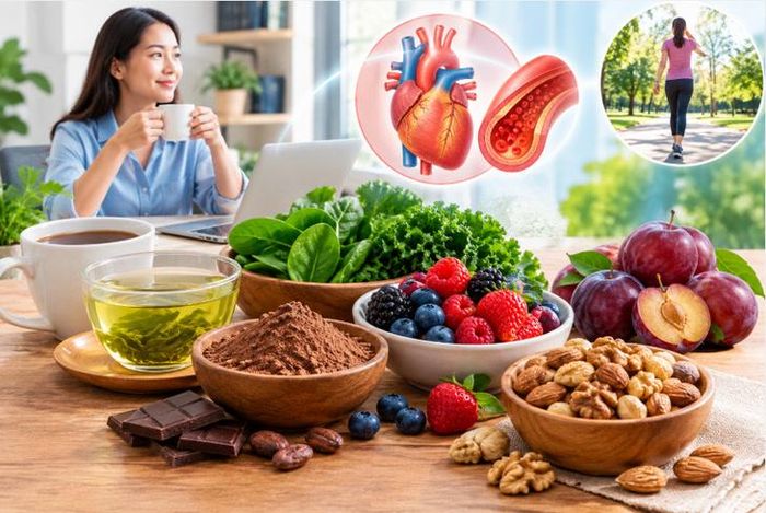 Chế độ ăn đa dạng với ca cao, trà, rau xanh, quả mọng và các loại hạt kết hợp vận động thường xuyên góp phần hỗ trợ sức khỏe tim mạch ở người thường xuyên ngồi lâu. Ảnh AI.