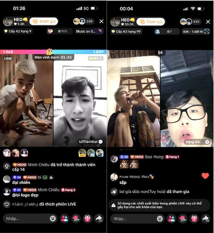 Nhân và Tuấn livestream tự gây thương tích trên TikTok để thu hút người xem tặng quà. Ảnh: CAQT.