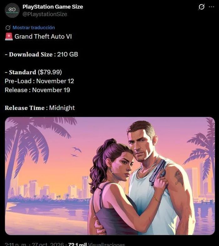  Thông tin về dung lượng yêu cầu và giá bán của GTA VI được leaker PlayStation Game Size chia sẻ trên mạng xã hội X. 