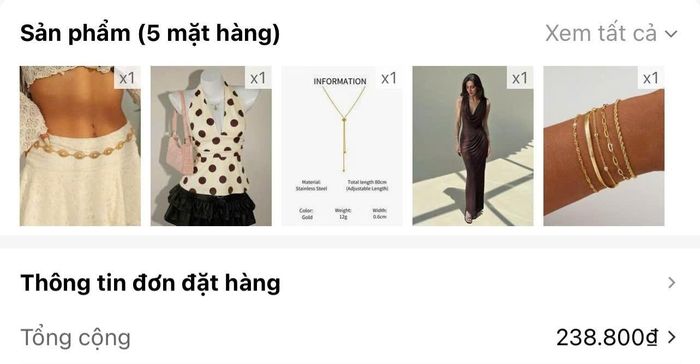 Một đơn hàng mua sắm của Phương Anh trên sàn TMĐT Shein, gồm 5 sản phẩm, tổng trị giá 238.800 đồng đã bao gồm phí vận chuyển. Ảnh: NVCC.