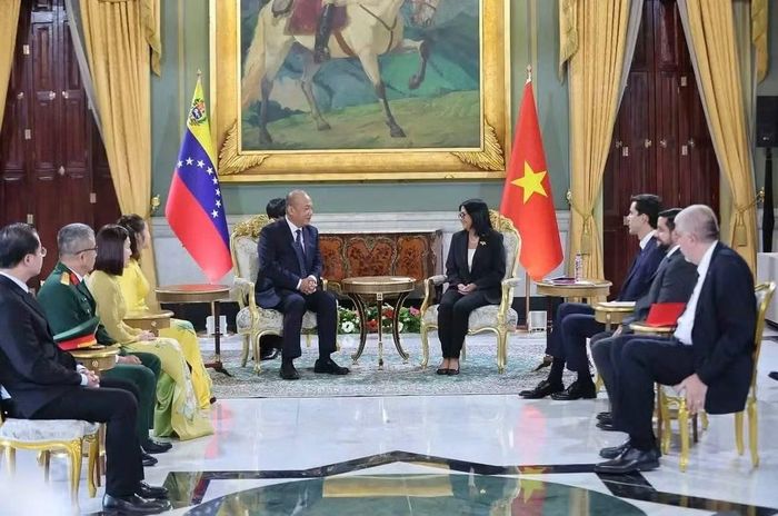 Tổng thống lâm thời Venezuela, Delcy Rodríguez tiếp Đại sứ Võ Tuấn Ngọc sau Lễ trình Quốc thư. (Ảnh: Đại sứ quán Việt Nam tại Venezuela cung cấp)