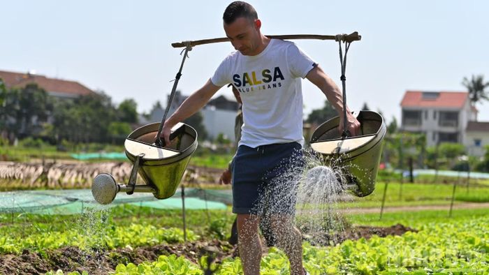 Khách quốc tế thích thú khi trải nghiệm du lịch nông nghiệp.