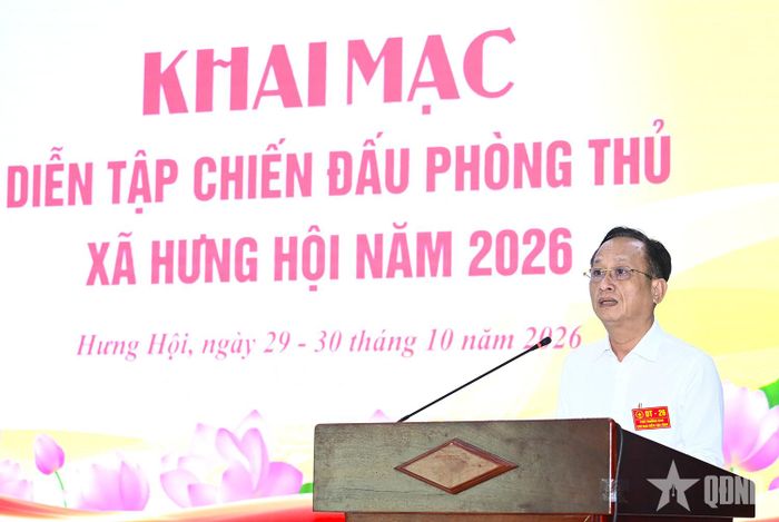 Đồng chí Phạm Văn Thiều, Phó bí thư Tỉnh ủy, Chủ tịch HĐND tỉnh, Phó trưởng Ban chỉ đạo diễn tập tỉnh Cà Mau phát biểu chỉ đạo tại buổi khai mạc diễn tập.