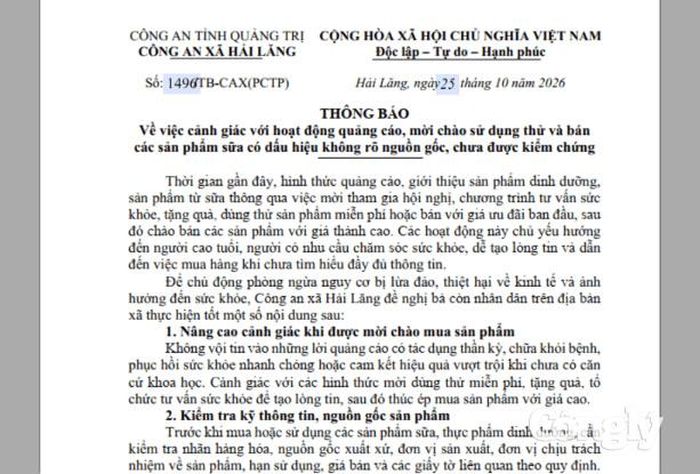 Công an xã Hải Lăng phát thông báo cảnh giác trước hoạt động quảng cáo, mời dùng thử và bán thực phẩm chức năng không rõ nguồn gốc.