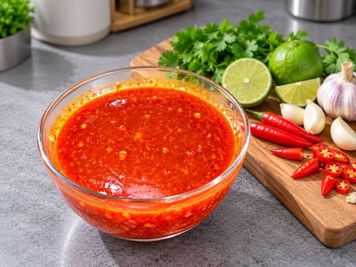 Nước xốt Thái sau khi hoàn tất sẽ có màu đỏ tươi sáng cực kỳ bắt mắt. Ảnh: AI
