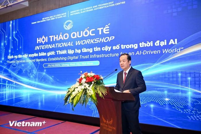 Thứ trưởng Bộ Khoa học và Công nghệ Phạm Đức Long phát biểu tại sự kiện. (Ảnh: Minh Sơn/Vietnam+)