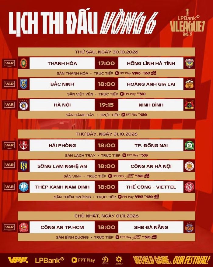 Lịch thi đấu vòng 6 V-League 2026/27. (Ảnh: VPF)
