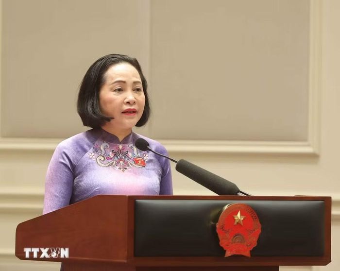 Đồng chí Nguyễn Thị Thanh, Ủy viên Trung ương Đảng, Phó Chủ tịch Quốc hội, Chủ tịch Nhóm nữ đại biểu Quốc hội khóa XVI phát biểu. (Ảnh: Thống Nhất/TTXVN)