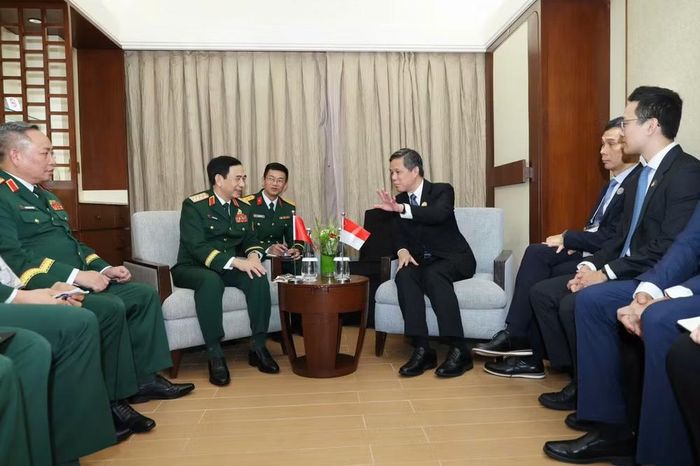 Đại tướng Phan Văn Giang gặp song phương Bộ trưởng Quốc phòng Singapore Chan Chun Sing. (Ảnh: Phương Thảo)