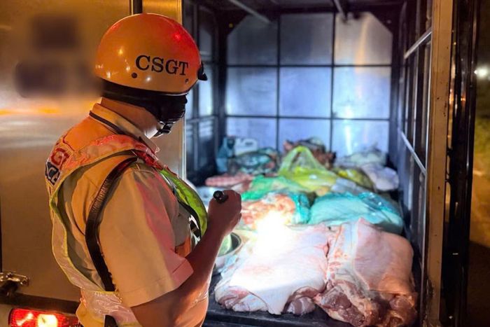 Lực lượng chức năng kiểm tra 3 xe chở sản phẩm động vật không có giấy kiểm dịch. Ảnh: PC08