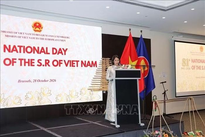 Đại sứ Nguyễn Hương Trà phát biểu tại lễ kỷ niệm 81 năm Quốc khánh nước CHXHCN Việt Nam, tối 28/10/2026 tại Brussels. Ảnh: Duy Tùng/PV TTXVN tại Bỉ