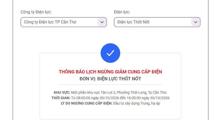 Lịch ngừng cấp điện tại Cần Thơ ngày mai 30/10 được cập nhật ngày 29/10 tại website của EVNSPC. Ảnh: BNEWS phát