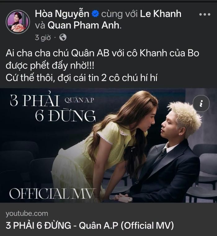 Hòa Minzy gây chú ý với chia sẻ về mối quan hệ của Quân A.P và Lê Khanh.