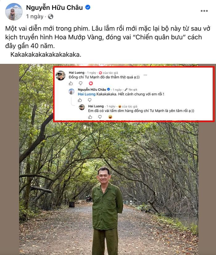 Lương Mạnh Hải có màn tương tác hài hước với NSƯT Hữu Châu khi đàn anh chia sẻ hình ảnh hậu trường phim Đặc Công Rừng Sác.