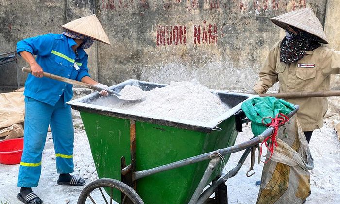 Tổ vệ sinh môi trường tổ dân phố Mao Yên, phường Phương Liễu rắc vôi bột tại các tuyến đường giao thông.