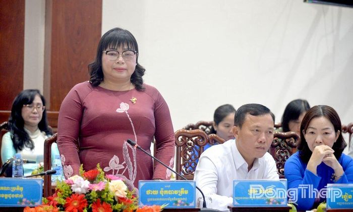 Đồng chí Thái Ngọc Bảo Trâm, Chủ tịch Hội LHPN tỉnh Đồng Tháp phát biểu tại buổi hội đàm.