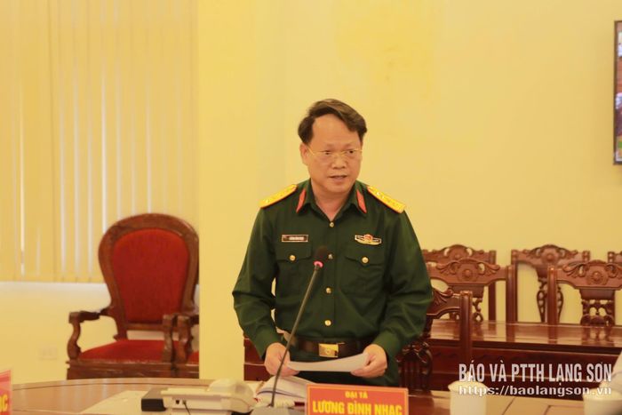 Lãnh đạo Bộ Chỉ huy Quân sự tỉnh phát biểu tại hội nghị tại điểm cầu tỉnh Lạng Sơn