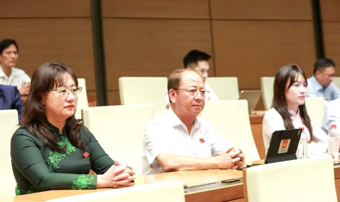 Các đại biểu Đoàn đại biểu Quốc hội tỉnh Lào Cai tham dự phiên thảo luận tại hội trường.