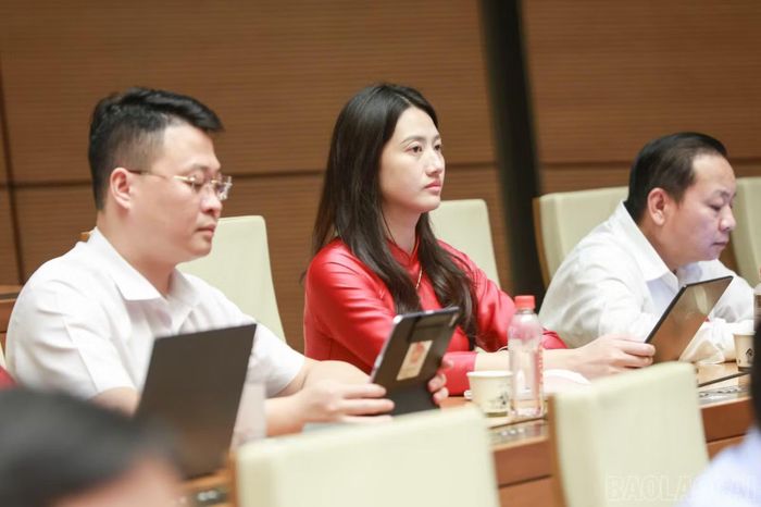 Các đại biểu Đoàn đại biểu Quốc hội tỉnh Lào Cai tham dự phiên thảo luận tại hội trường.