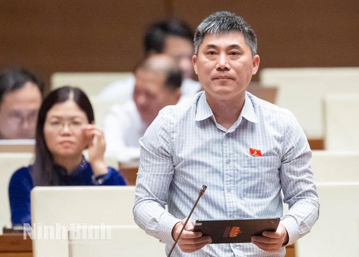 Đại biểu Phạm Anh Tuấn, Tỉnh ủy viên, Trưởng Ban Văn hóa Xã hội HĐND tỉnh Ninh Bình phát biểu thảo luận